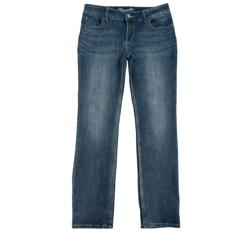 Wrangler Straight Leg Jeans Blue Medium Wash Stretch Whiskered Women 13/14 x 34